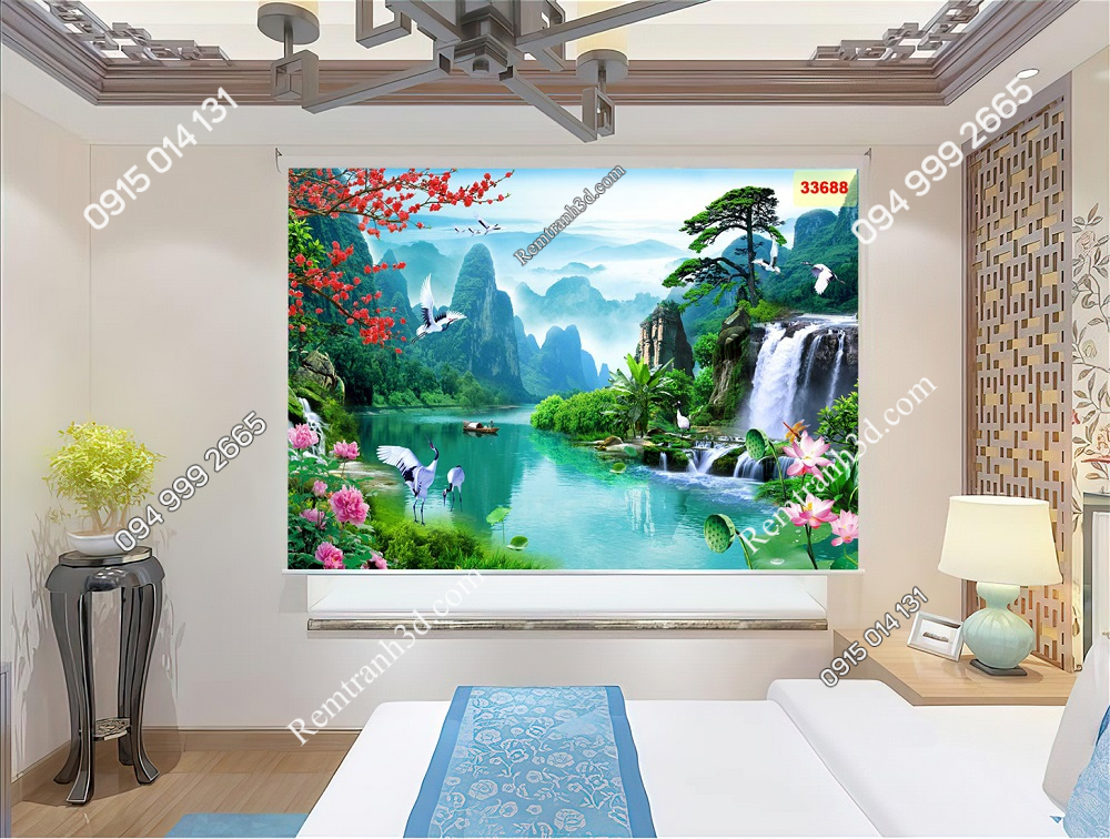 Mẫu rèm cuốn in tranh 3D sơn thủy 33688