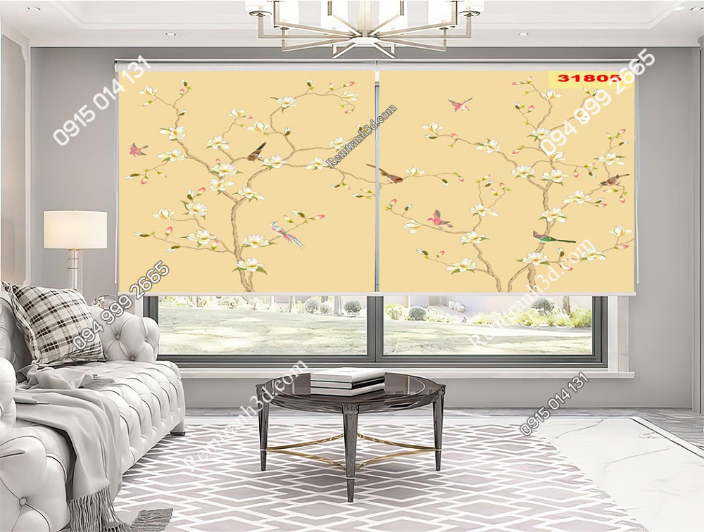 Rèm Cuốn Tranh 3D treo phòng khách phong cách Indochine hoa và chim nền beige 31805