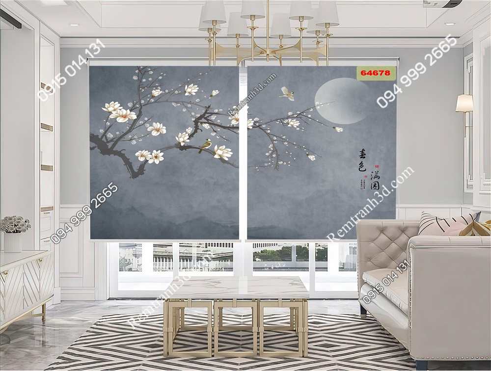 Rèm cuốn tranh phòng khách phong cách chinoiserie 64678